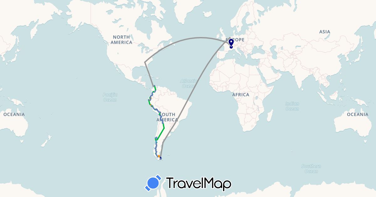 TravelMap itinerary: driving, bus, plane, cycling, train, hiking, boat, hitchhiking in Argentina, Bolivia, Switzerland, Chile, Colombia, Ecuador, France, Netherlands, Peru, United States (Europe, North America, South America)