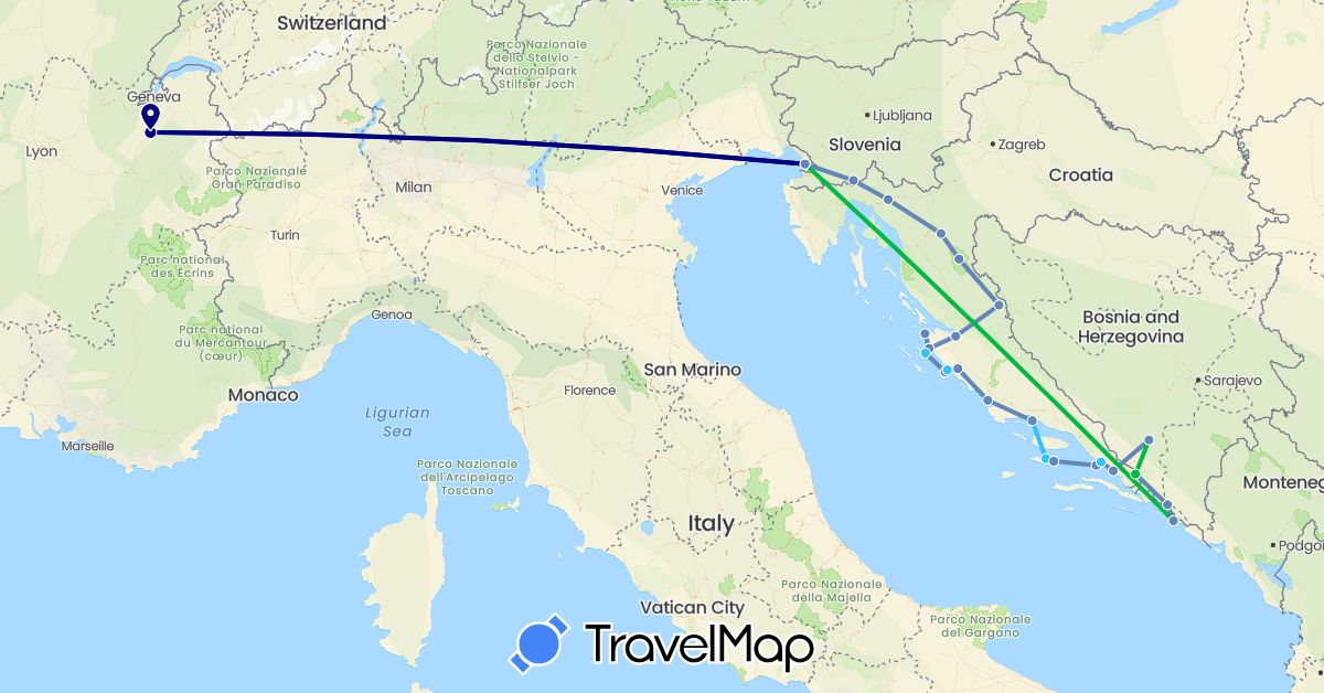 TravelMap itinerary: driving, bus, cycling, boat in Bosnia and Herzegovina, France, Croatia, Italy, Slovenia (Europe)